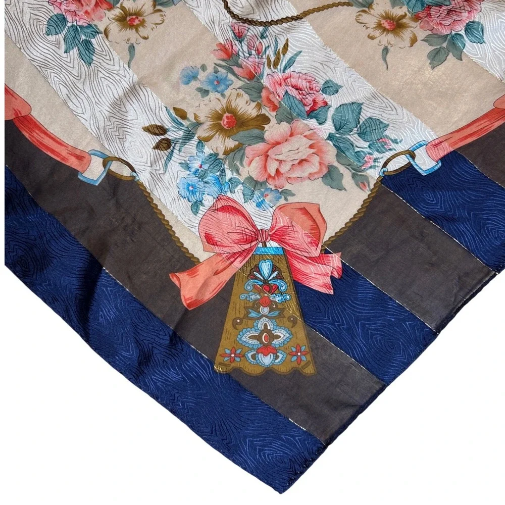 VTG Casca 100% Silk Floral Coquette Square Scarf Blue Pink Ivory 34